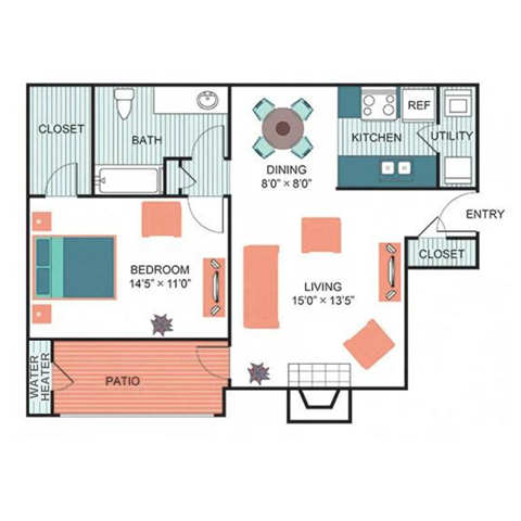 1 Bed 1 Bath Floor Plan at  Wildwood Apartments, CLEAR Property Management, Austin